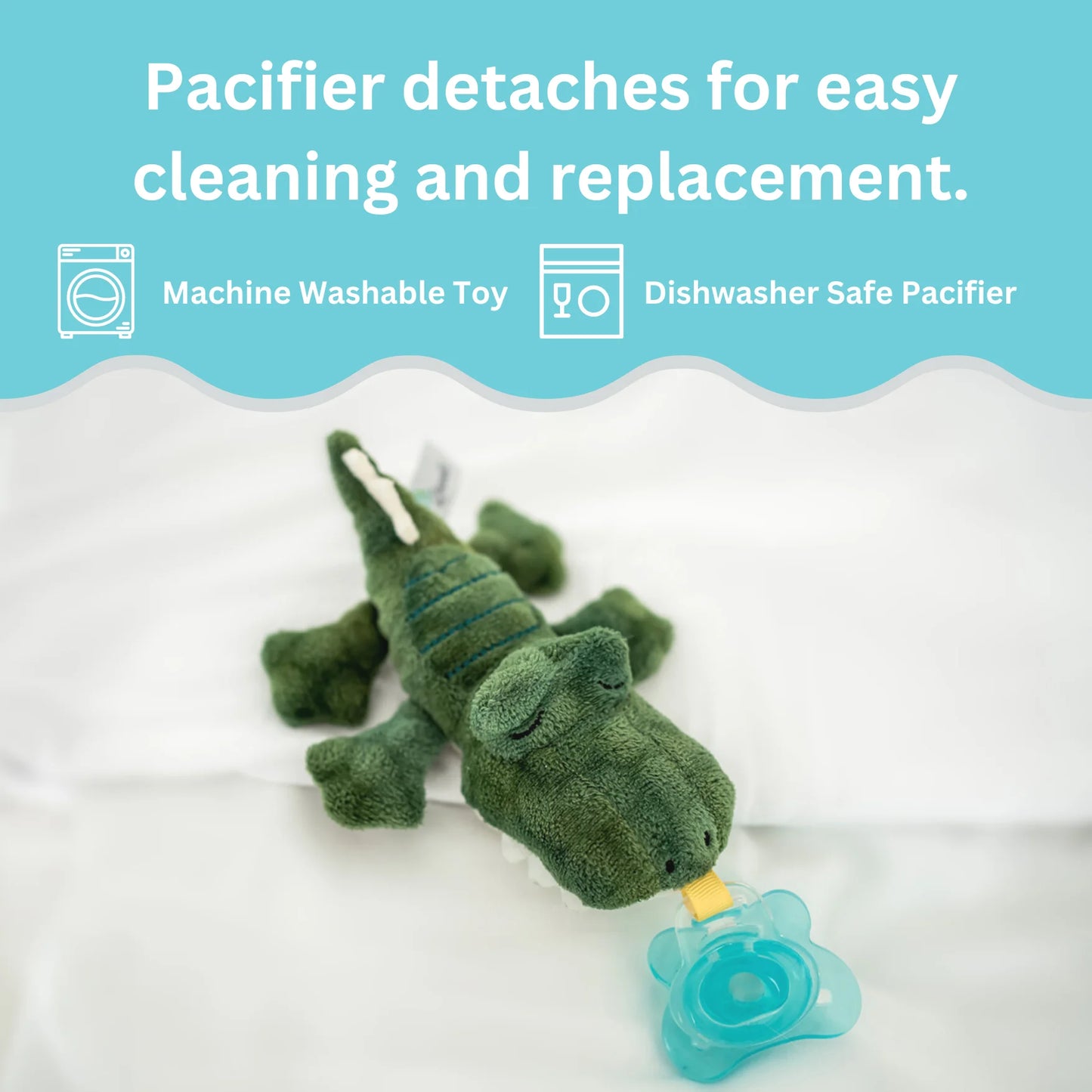 Pacibuddy Crocodile Pacifier Holder - Plush Toy Includes Detachable Pacifier - Adapts to Name Brand Pacifiers - Baby Gift Suitable for All Ages - Infant Binky, Soother, Paci, Plush Baby Toy