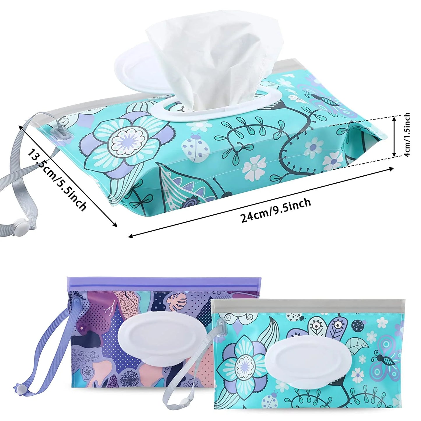 Baby Wipes Container,Baby Wipe Dispenser,Reusable Portable Wipe Holder,Travel Baby Wipes,Refillable Wet Wipe Pouch(Floral)2 Pack