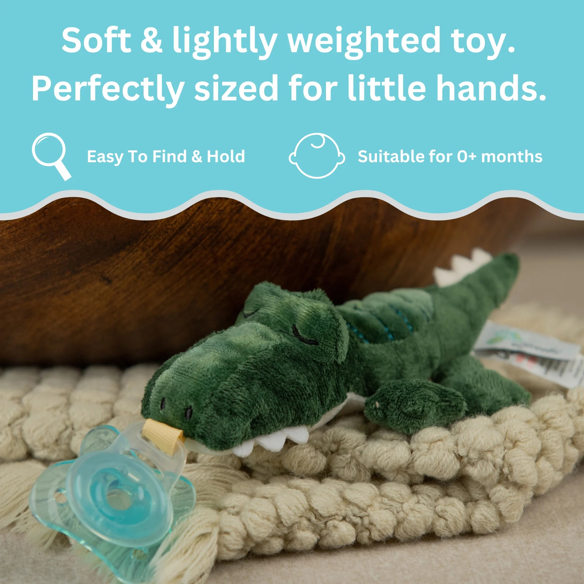 Pacibuddy Crocodile Pacifier Holder - Plush Toy Includes Detachable Pacifier - Adapts to Name Brand Pacifiers - Baby Gift Suitable for All Ages - Infant Binky, Soother, Paci, Plush Baby Toy