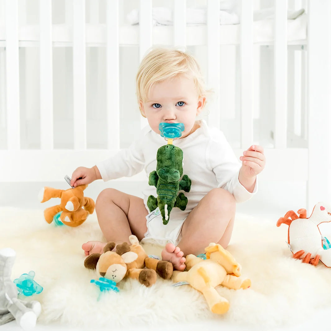 Pacibuddy Crocodile Pacifier Holder - Plush Toy Includes Detachable Pacifier - Adapts to Name Brand Pacifiers - Baby Gift Suitable for All Ages - Infant Binky, Soother, Paci, Plush Baby Toy
