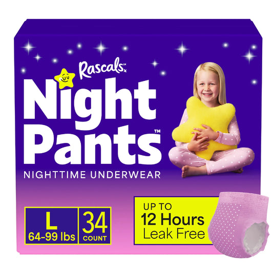 Night Pants, Absorbent Disposable Girls Nighttime Bedwetting Underwear, L (64-99 Lbs), 34 Count