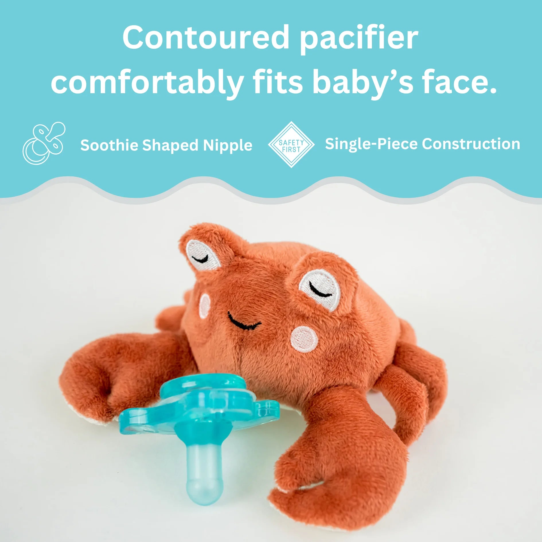 Pacibuddy Crab Pacifier Holder - Plush Toy Includes Detachable Pacifier - Adapts to Name Brand Pacifiers - Baby Gift Suitable for All Ages - Infant Binky, Soother, Paci, Plush Baby Toy