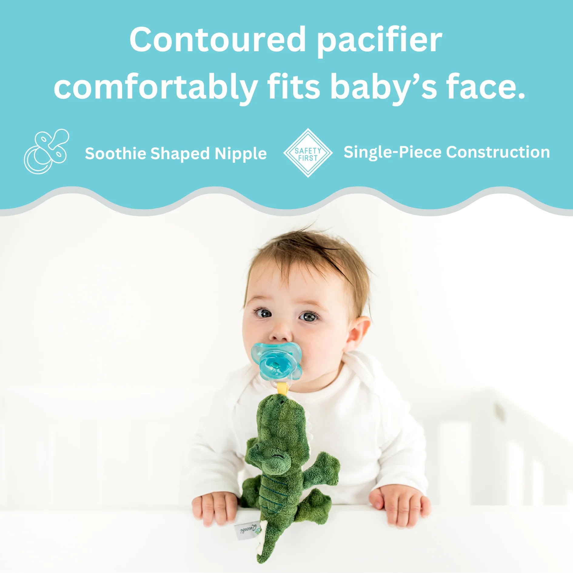 Pacibuddy Crocodile Pacifier Holder - Plush Toy Includes Detachable Pacifier - Adapts to Name Brand Pacifiers - Baby Gift Suitable for All Ages - Infant Binky, Soother, Paci, Plush Baby Toy