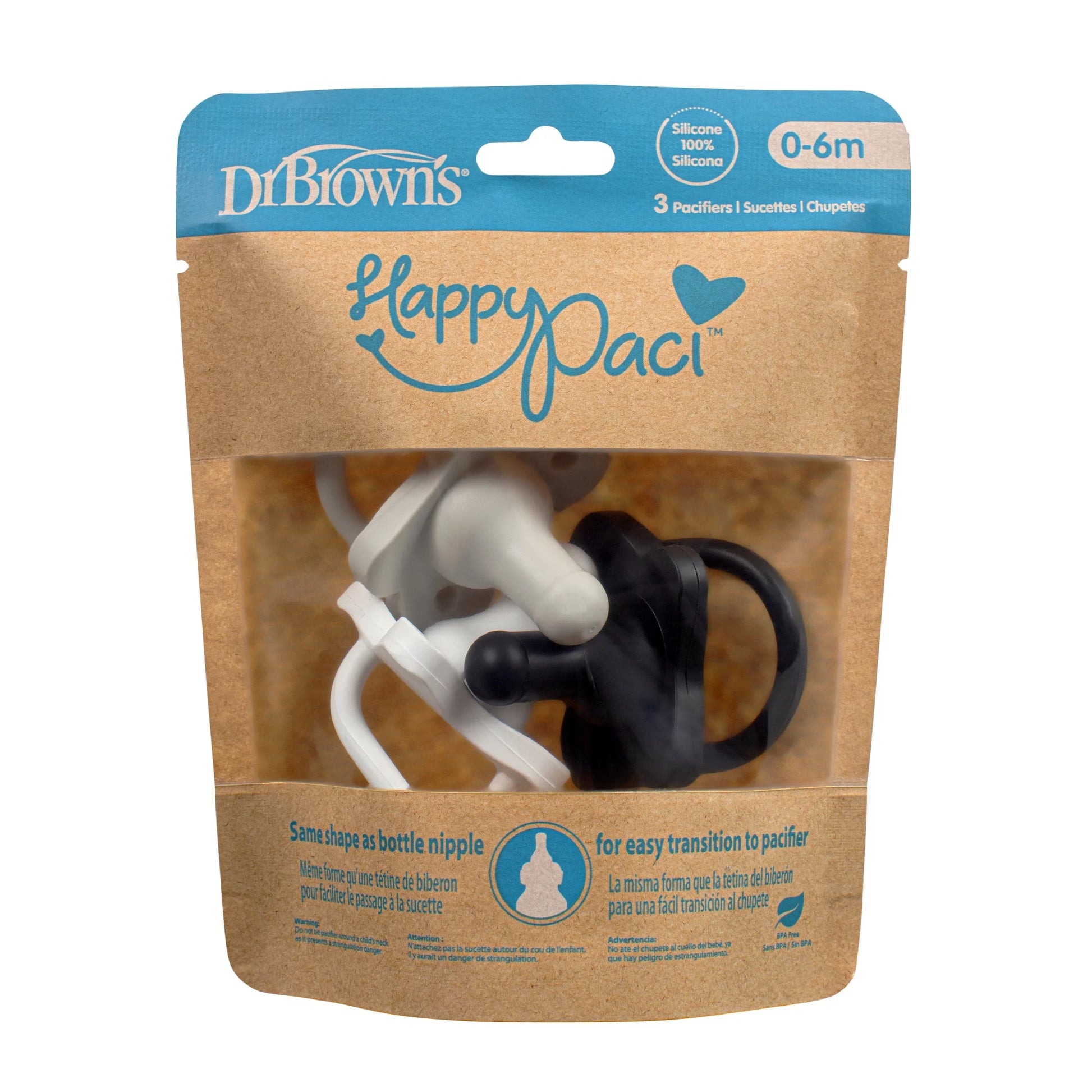Happypaci 100% Silicone Baby Pacifier, 0-6M, Bpa-Free, Black/Cool Gray/White, 3 Pack