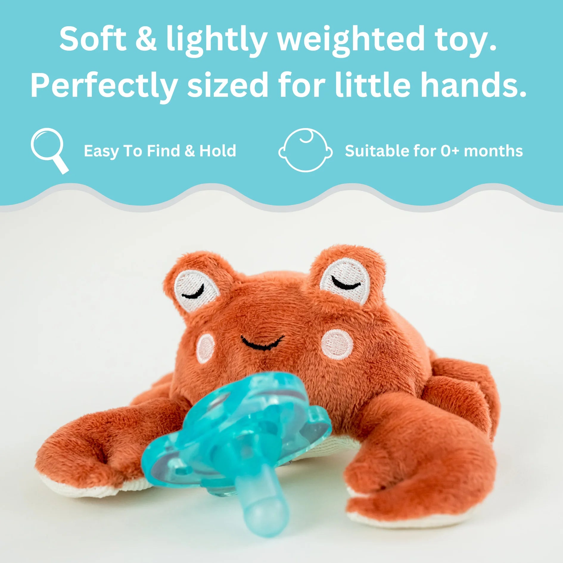 Pacibuddy Crab Pacifier Holder - Plush Toy Includes Detachable Pacifier - Adapts to Name Brand Pacifiers - Baby Gift Suitable for All Ages - Infant Binky, Soother, Paci, Plush Baby Toy