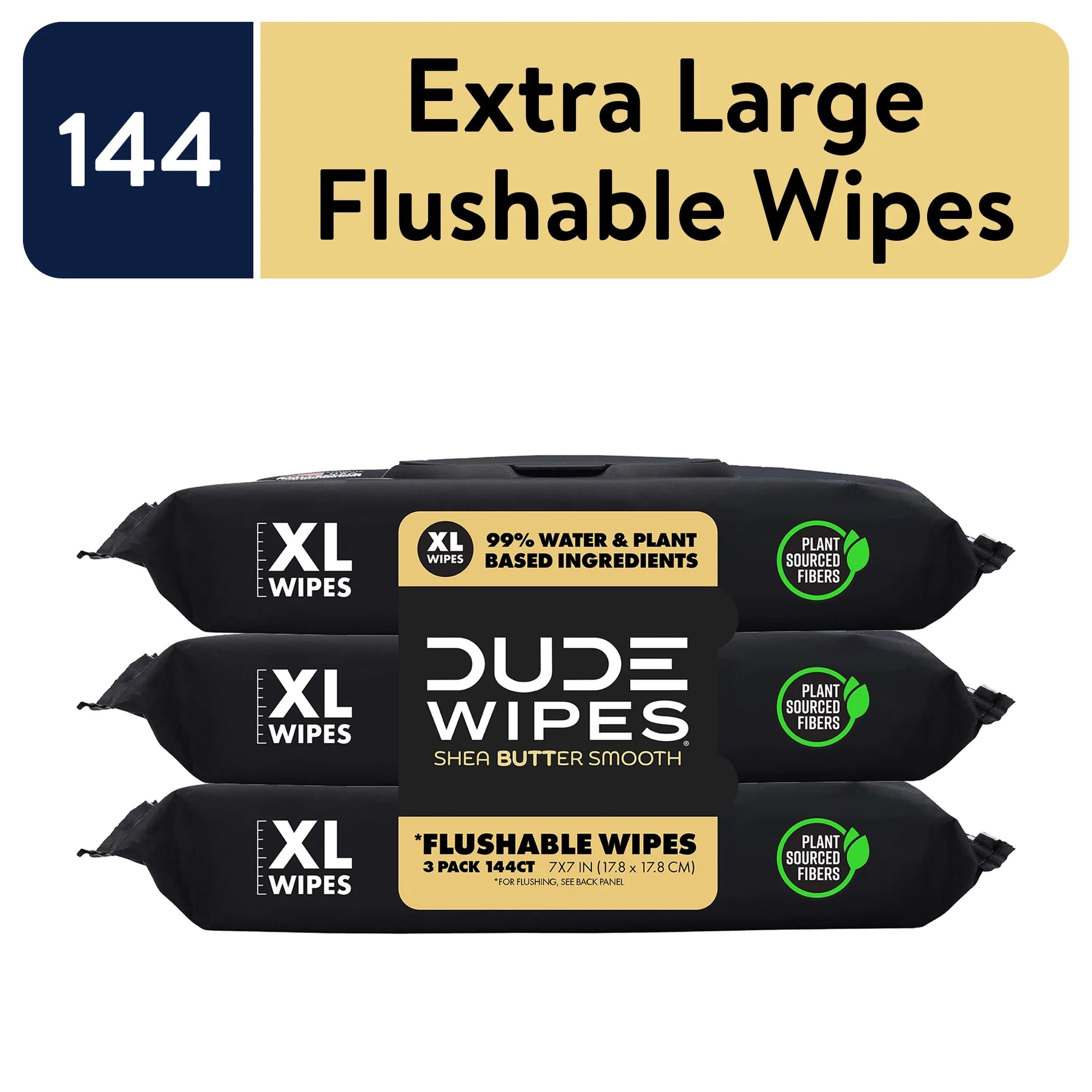 DUDE Flushable Wipes, Extra Large Shea Butter Smooth Wet Wipes, 144 Count