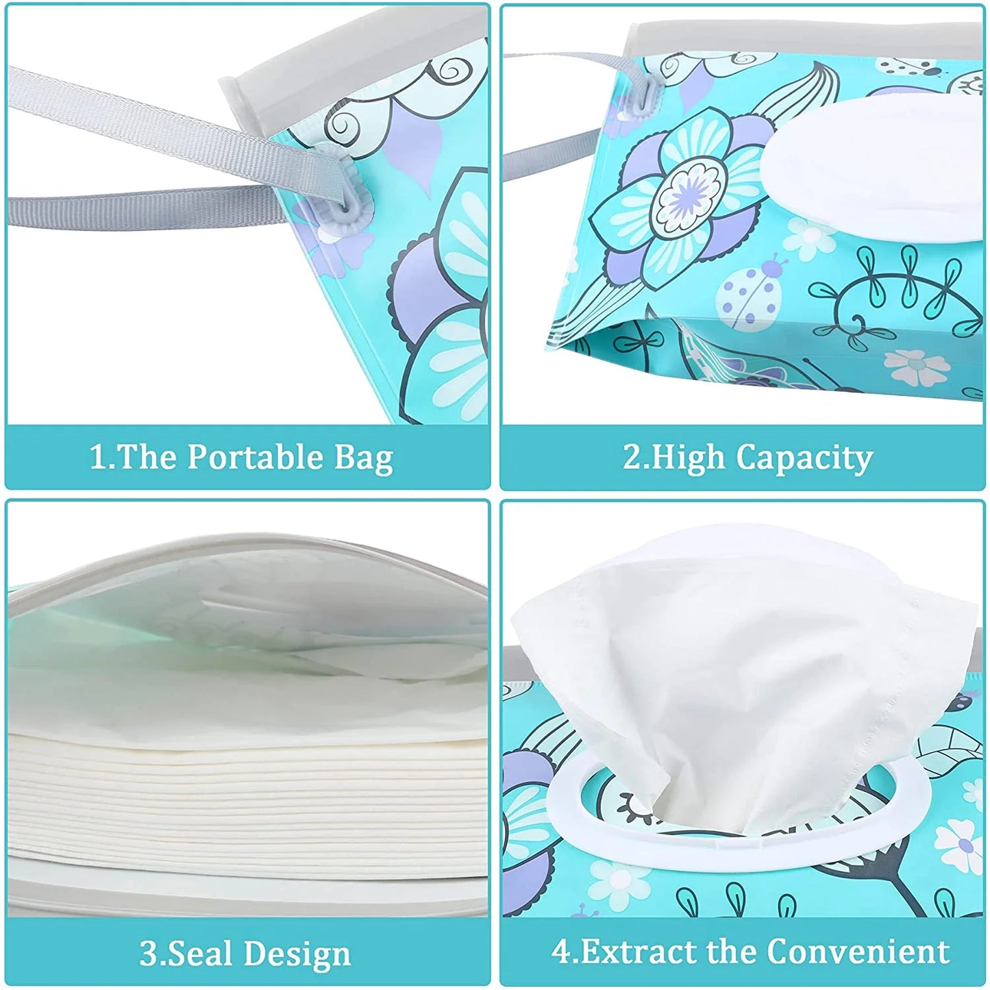 Baby Wipes Container,Baby Wipe Dispenser,Reusable Portable Wipe Holder,Travel Baby Wipes,Refillable Wet Wipe Pouch(Floral)2 Pack