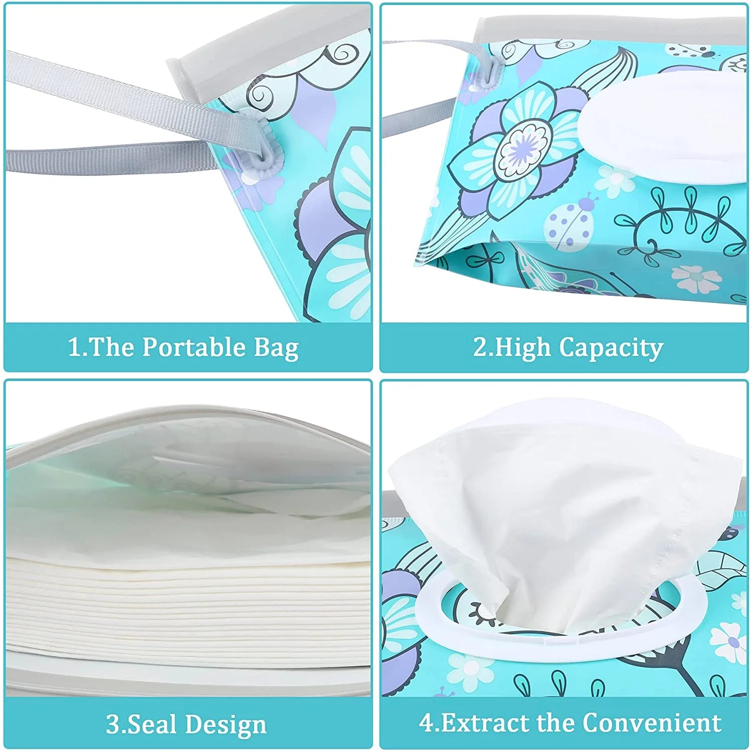 Baby Wipes Container,Baby Wipe Dispenser,Reusable Portable Wipe Holder,Travel Baby Wipes,Refillable Wet Wipe Pouch(Floral)2 Pack
