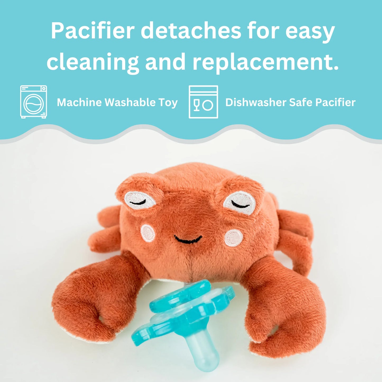 Pacibuddy Crab Pacifier Holder - Plush Toy Includes Detachable Pacifier - Adapts to Name Brand Pacifiers - Baby Gift Suitable for All Ages - Infant Binky, Soother, Paci, Plush Baby Toy