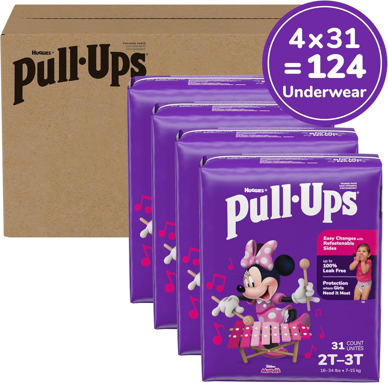 Girls' Potty Training Pants, Size 2T-3T Training Underwear (16-34 Lbs), 124 Count (4 Packs of 31)