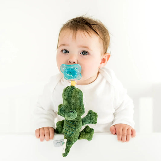 Pacibuddy Crocodile Pacifier Holder - Plush Toy Includes Detachable Pacifier - Adapts to Name Brand Pacifiers - Baby Gift Suitable for All Ages - Infant Binky, Soother, Paci, Plush Baby Toy